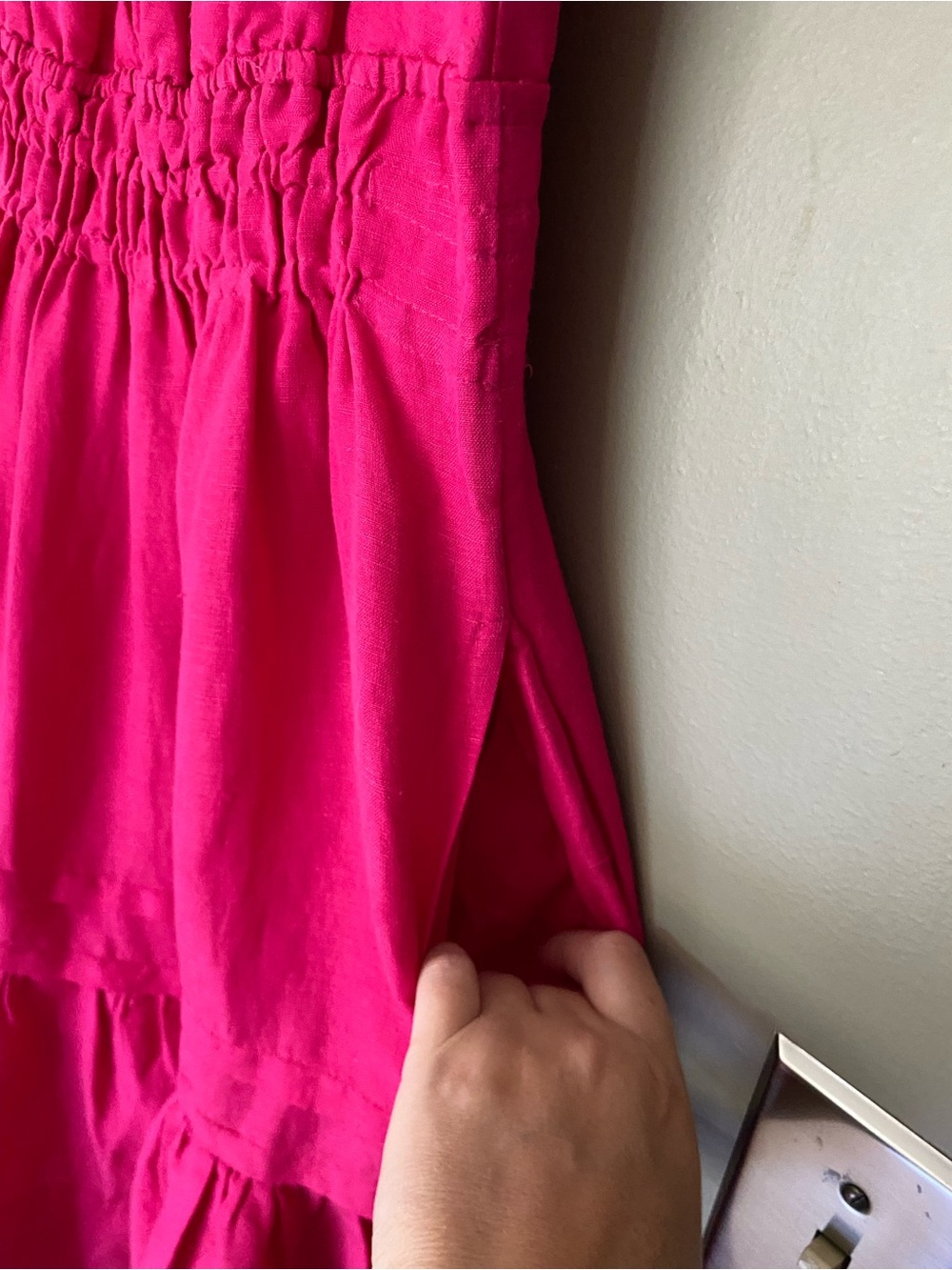 ANTHROPOLOGIE Somerset Linen Blend Bright Fuchsia Puff-Sleeve Tiered Dress Small - Picture 5 of 8